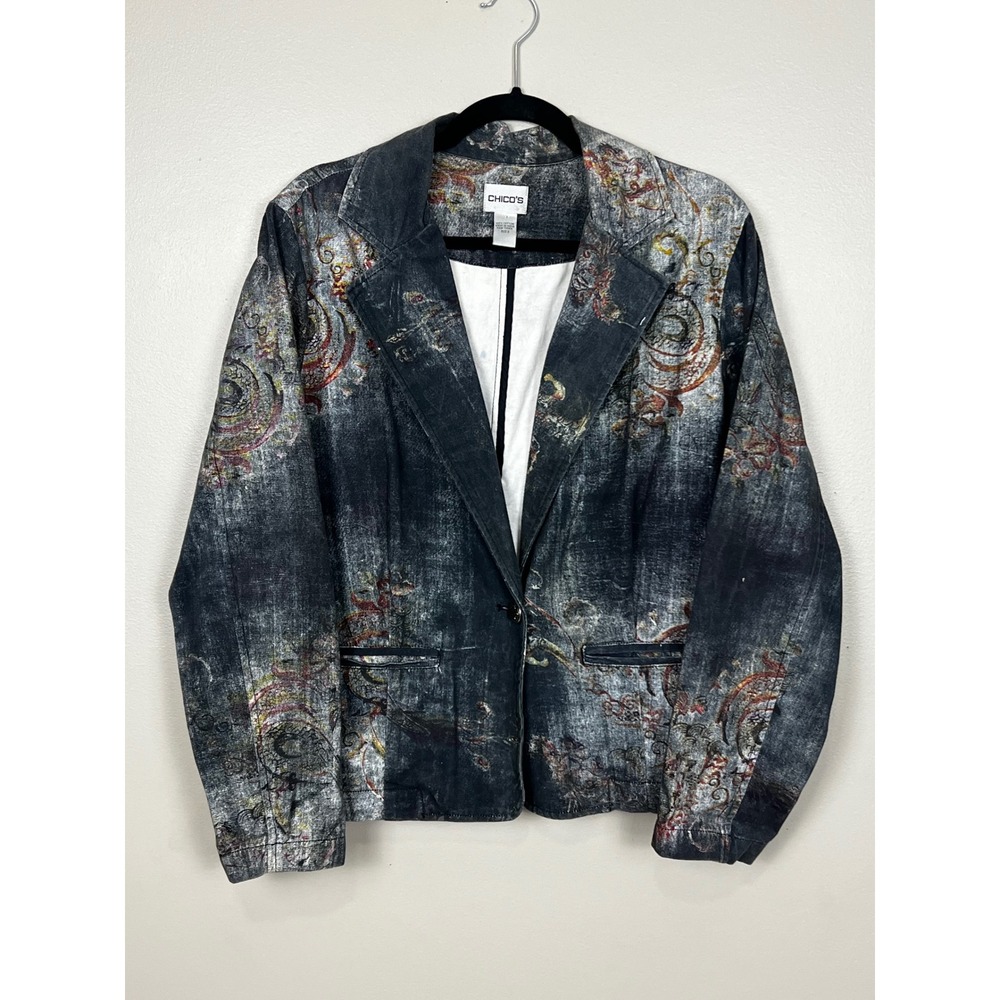 Chicos Womens Size 2 Grey Metallic Paisley Cotton Blazer Jacket Distressed Denim